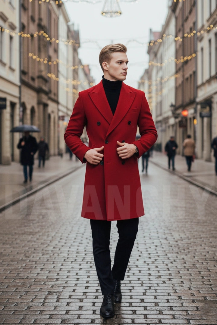 Men red tweed overcoat -Front