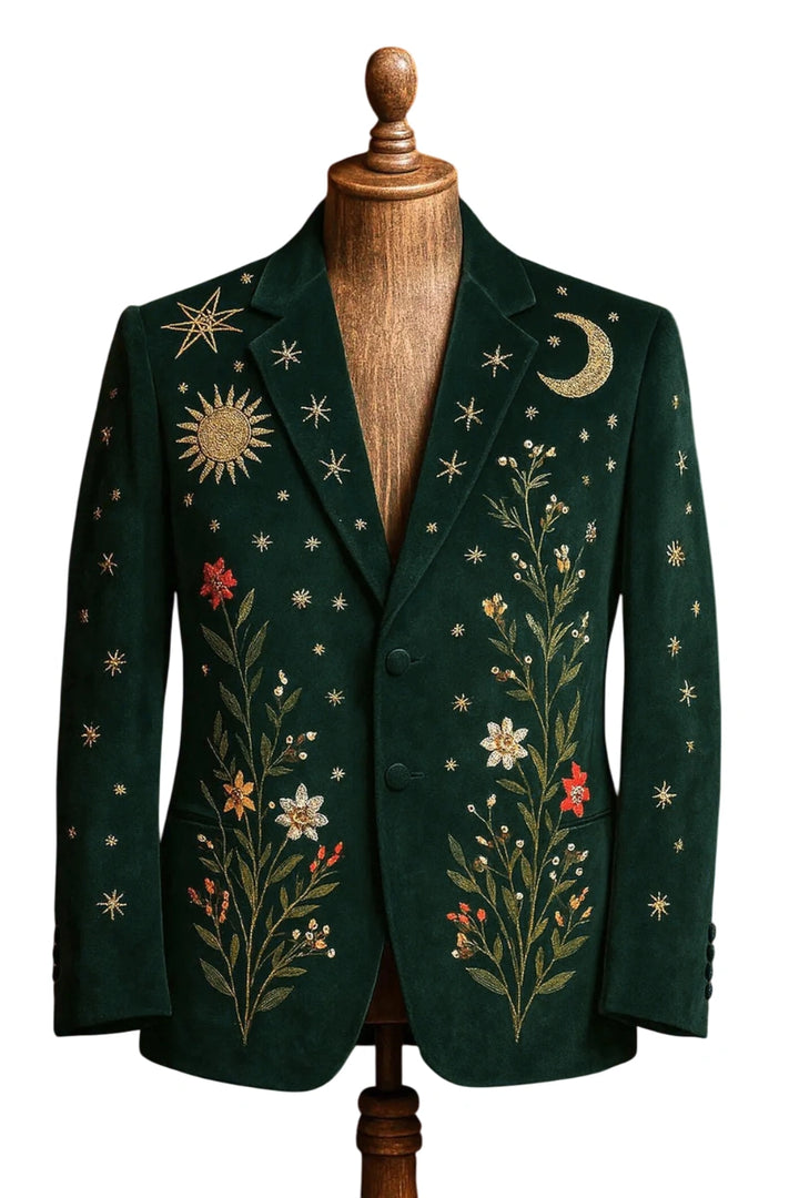 Emerald green velvet blazer with embroidery—single‑breasted notch lapel dinner party coat-Front