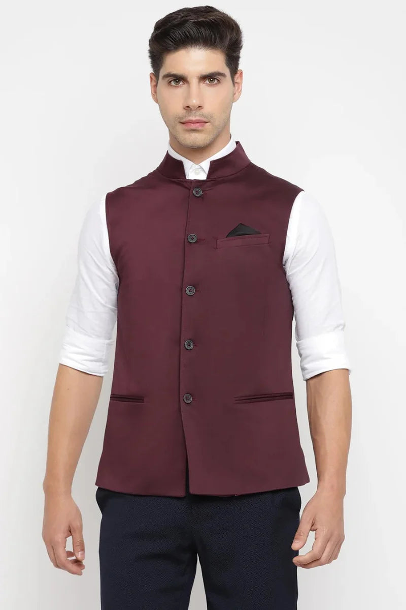 Men Half Jacket Ethnic Wear Traditional Wedding Jacket Wine DaVanchy