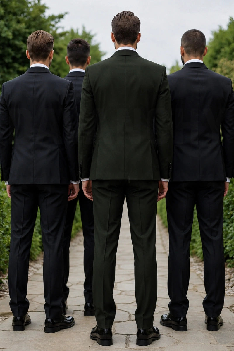 Men Premium Olive Green Grooms Suit Wedding Reception Wear-Back