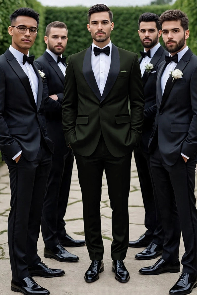 Olive green men’s tuxedo coat pant suit-Front