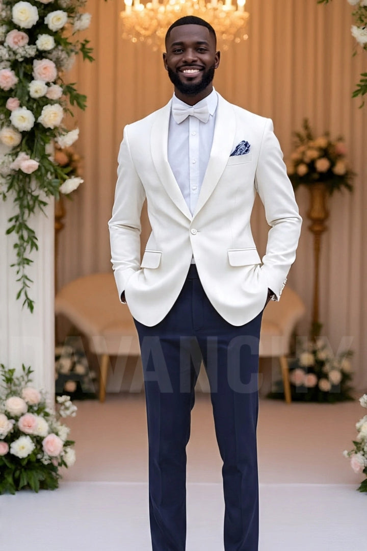 Men white contrast two-piece suit with navy blue pants – wedding and party wear-Front