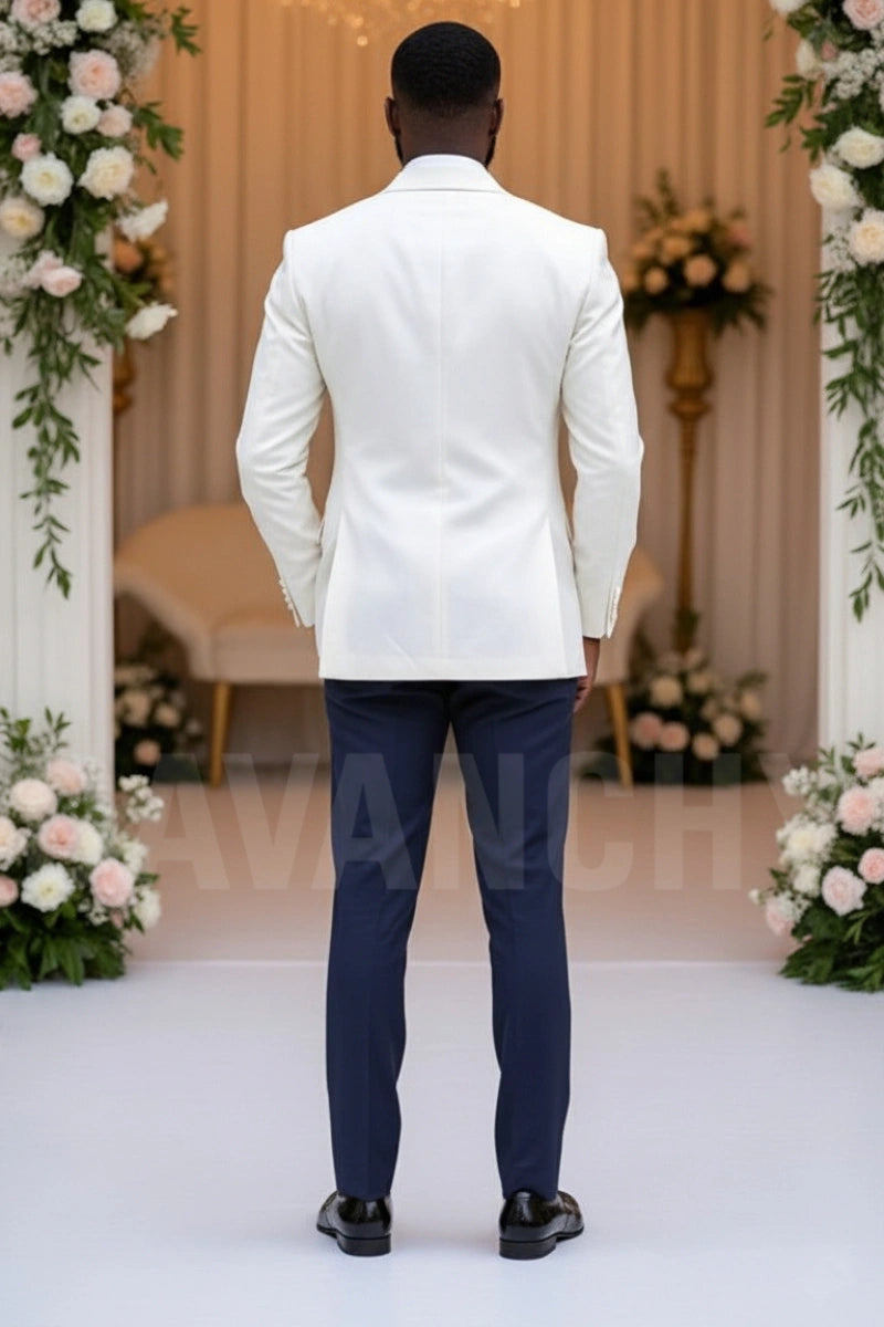 Groom wearing white contrast blazer and navy blue pants – ideal for weddings and special occasions-Back