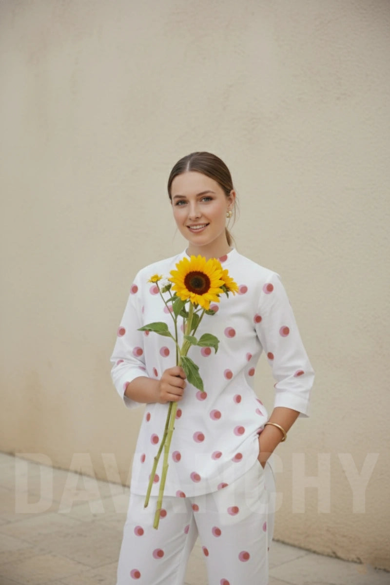 White and pink printed co-ord set-Front