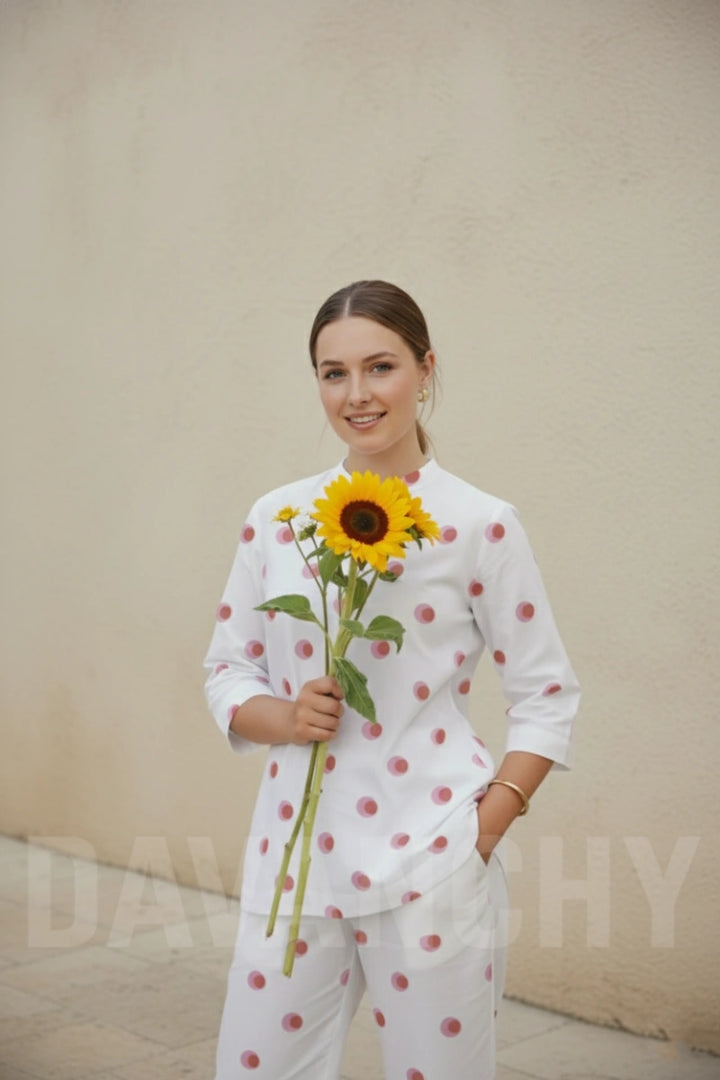 White and pink printed co-ord set-Front