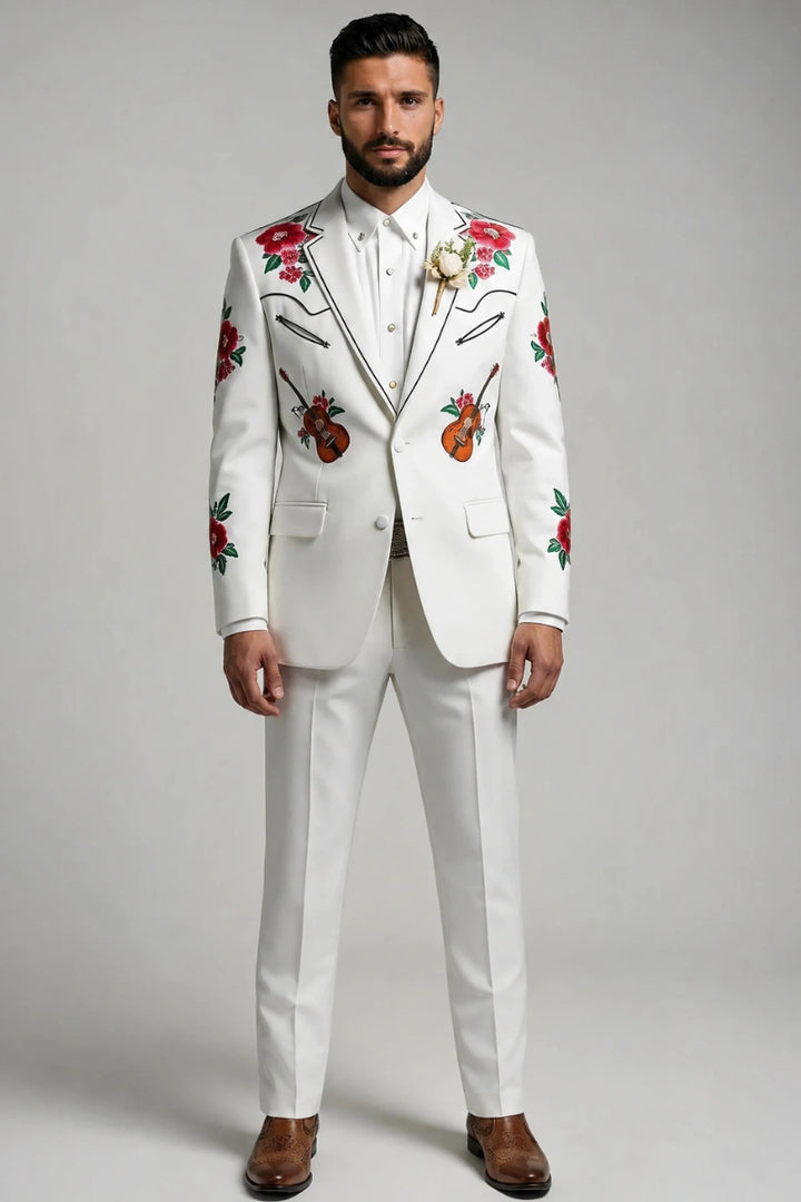 Mens white embroidered two-piece suit with floral and guitar design-Front