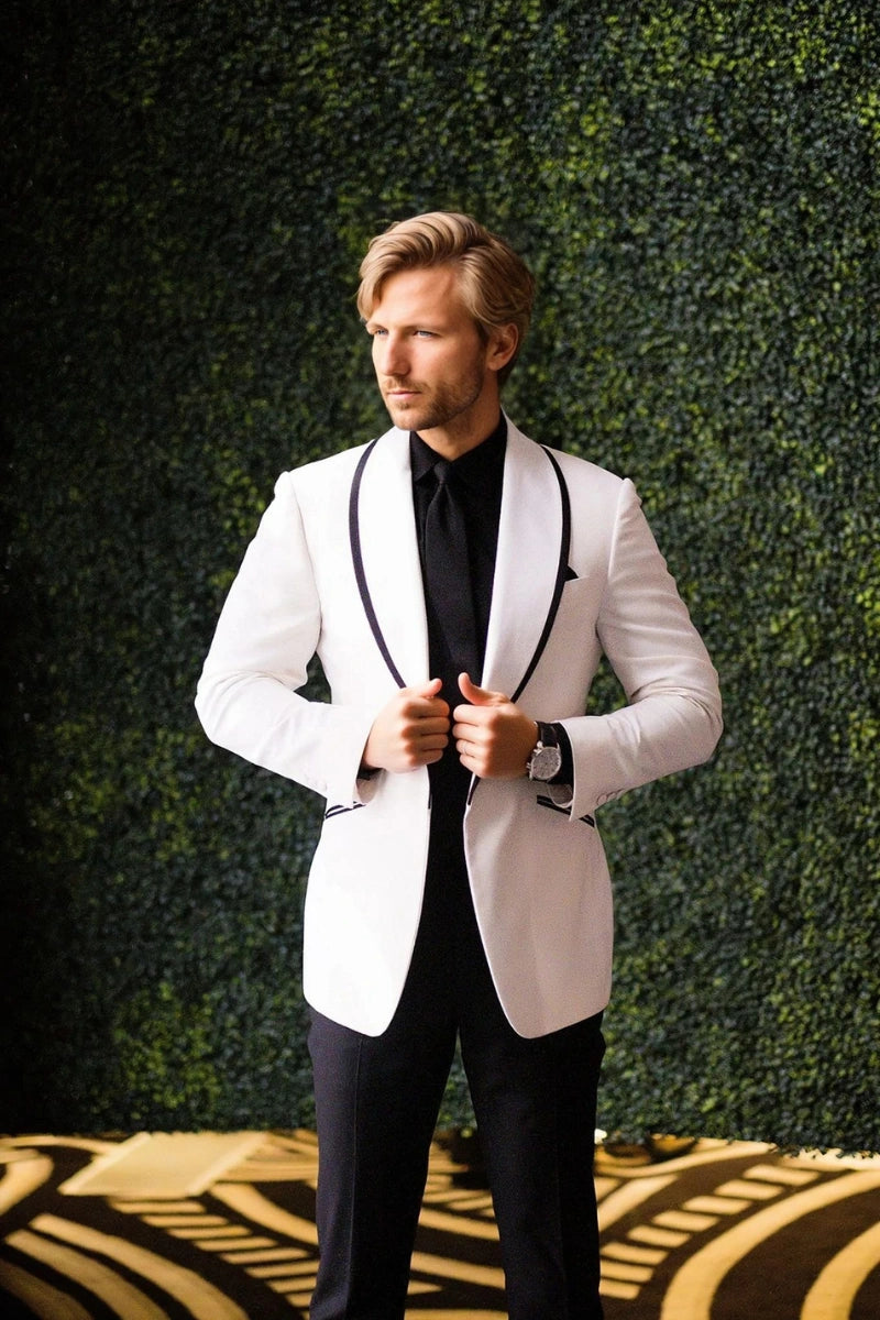 Men white and black two-piece suit for weddings and parties-Front