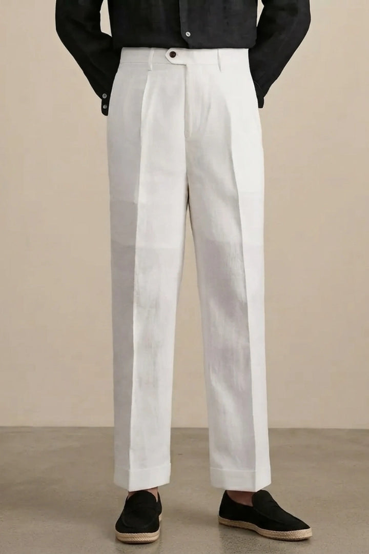 Men White High Waist Linen Trouser (Front) 
 