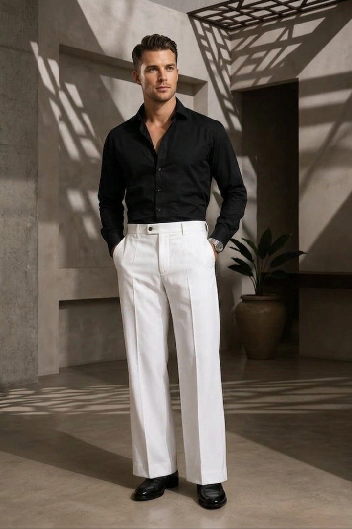 High-Waist Men White Stylish Pants Full Front