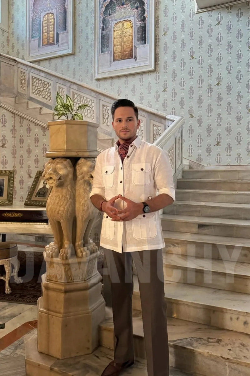 Men’s White Linen Safari Shirt