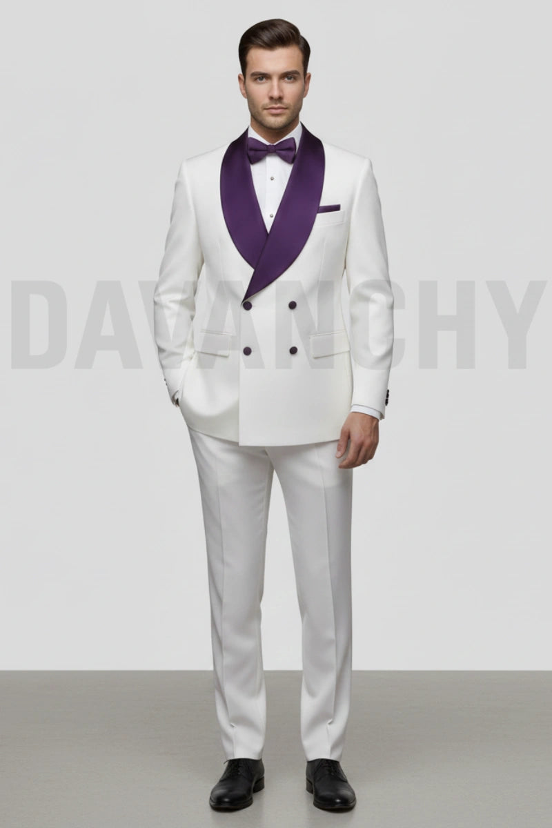 Men white double breasted designer tuxedo suit-Front