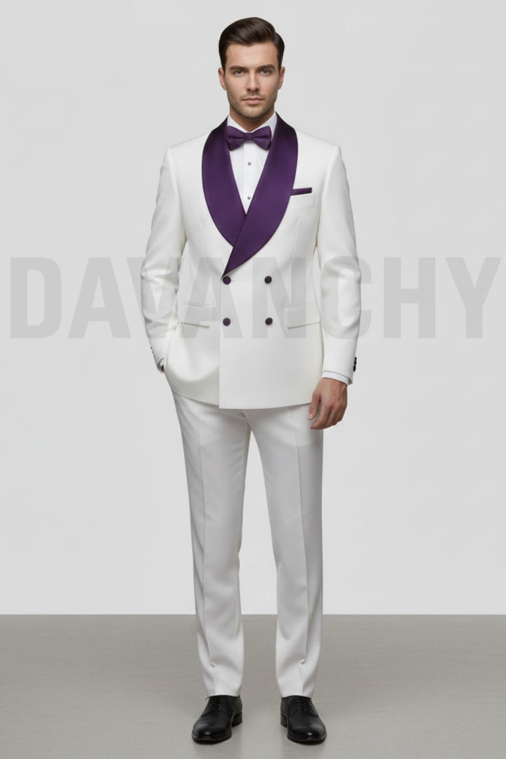 Men white double breasted designer tuxedo suit-Front