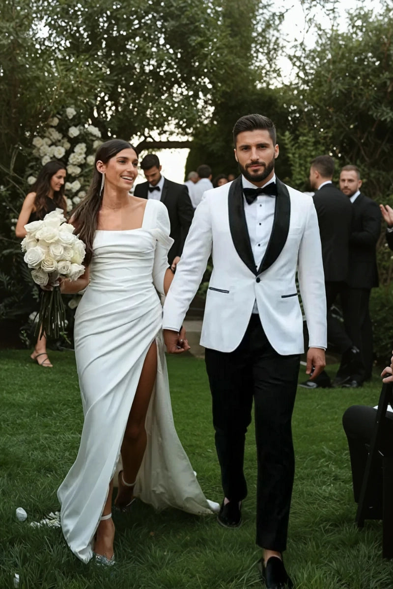 Mens white tuxedo suit for groom – perfect for wedding and reception events-Front