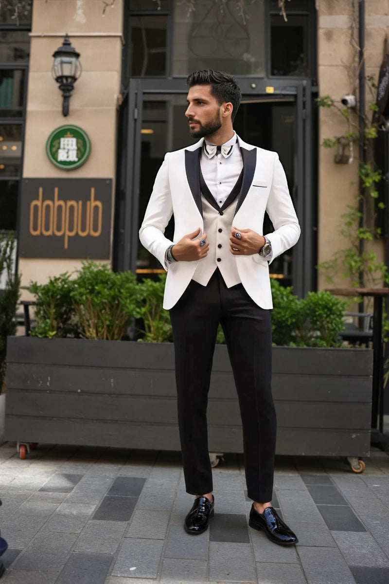 Stylish White Blazer Tuxedo with Black Slim Trousers-Front