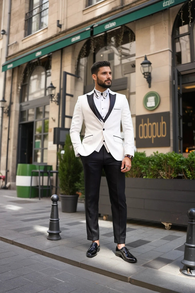 Men White Tuxedo Suit with Black Lapel-Front