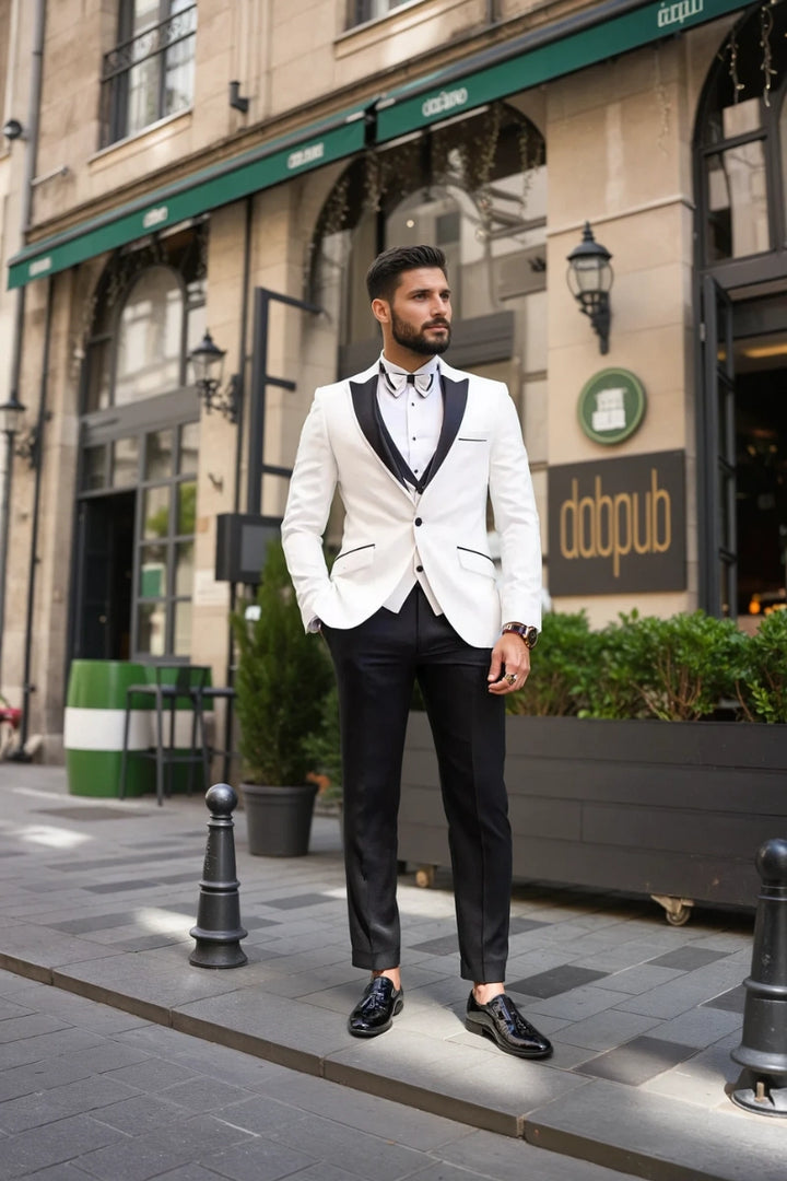Men White Tuxedo Suit with Black Lapel-Front