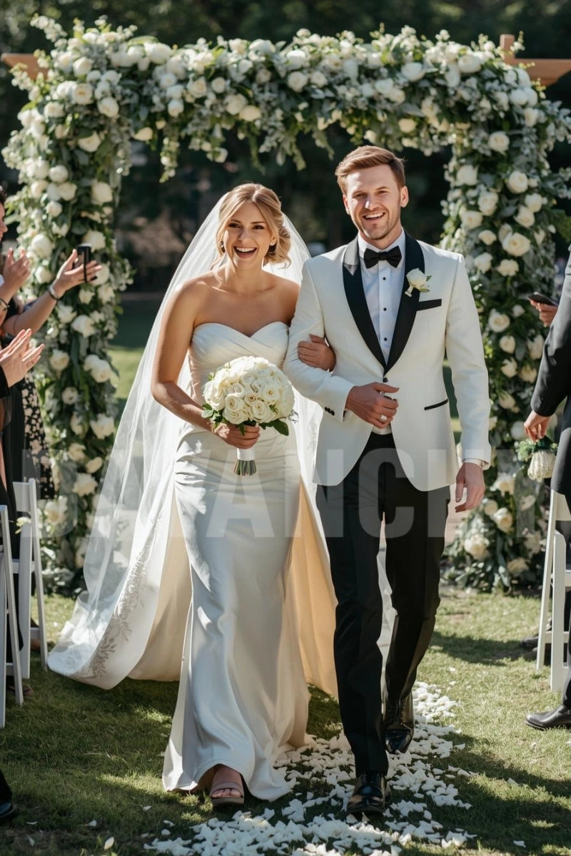 Men off-white tuxedo suit with black pants – ideal for weddings and cocktail parties-Front