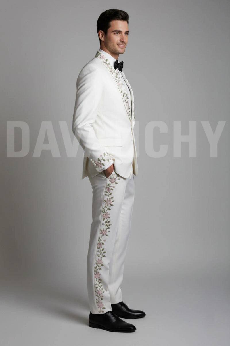 White Floral Embroidered Tuxedo Suit-Side