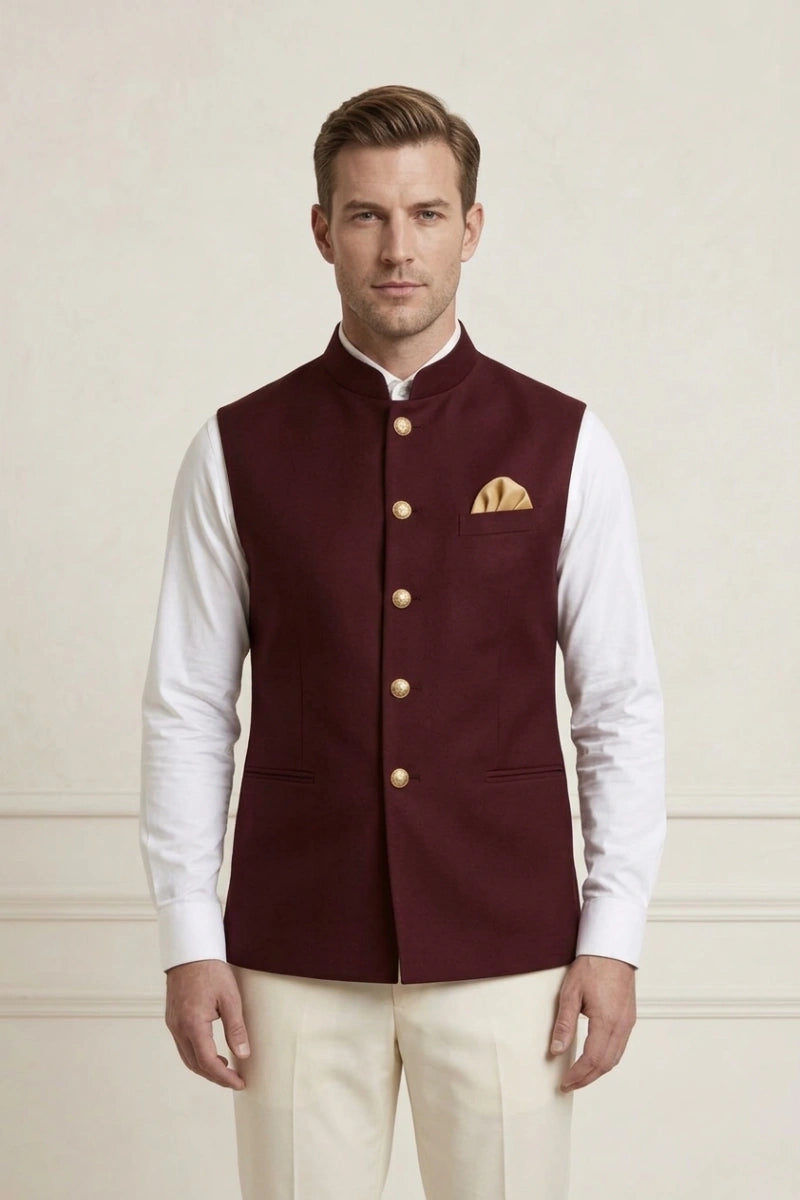 Men's Wine Mandarin Collar Jacket – Front