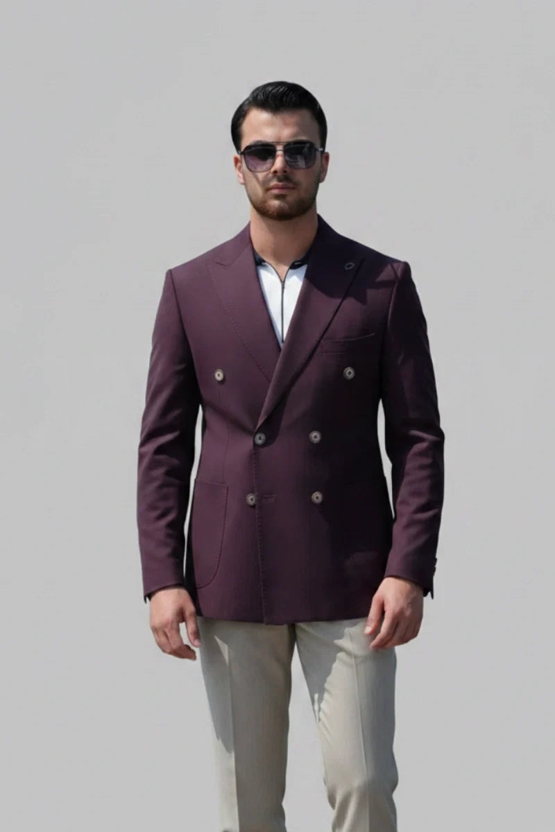 Mens Wine Double Breasted Blazer-Front
