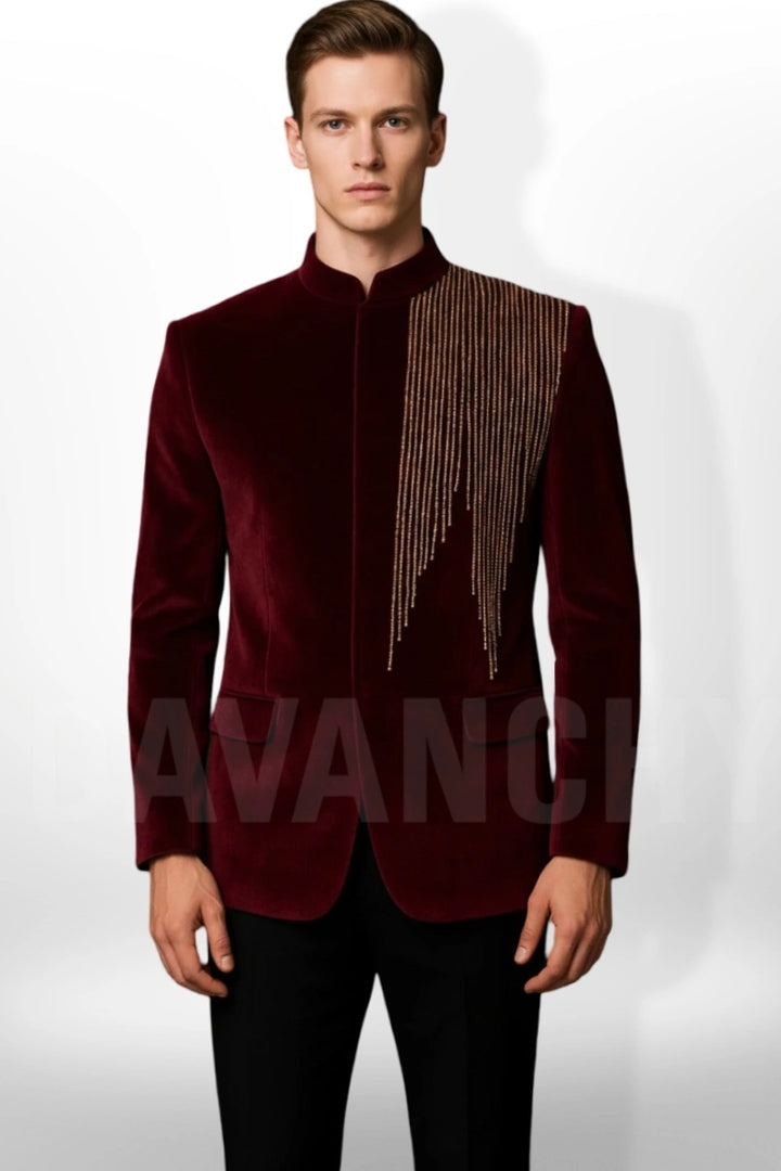 Men wine embroidered velvet jodhpuri blazer-Front
