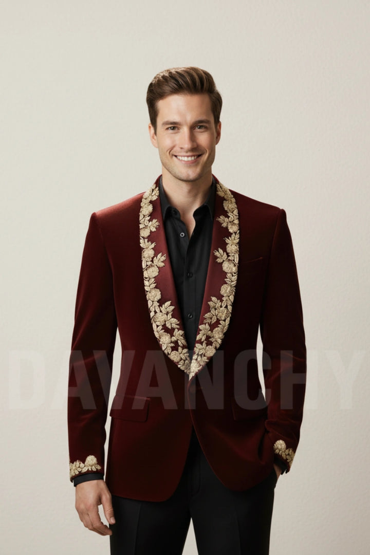 Men wine velvet embroidered blazer-Front
