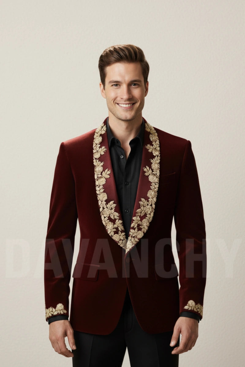 Luxury wine color velvet blazer-Front