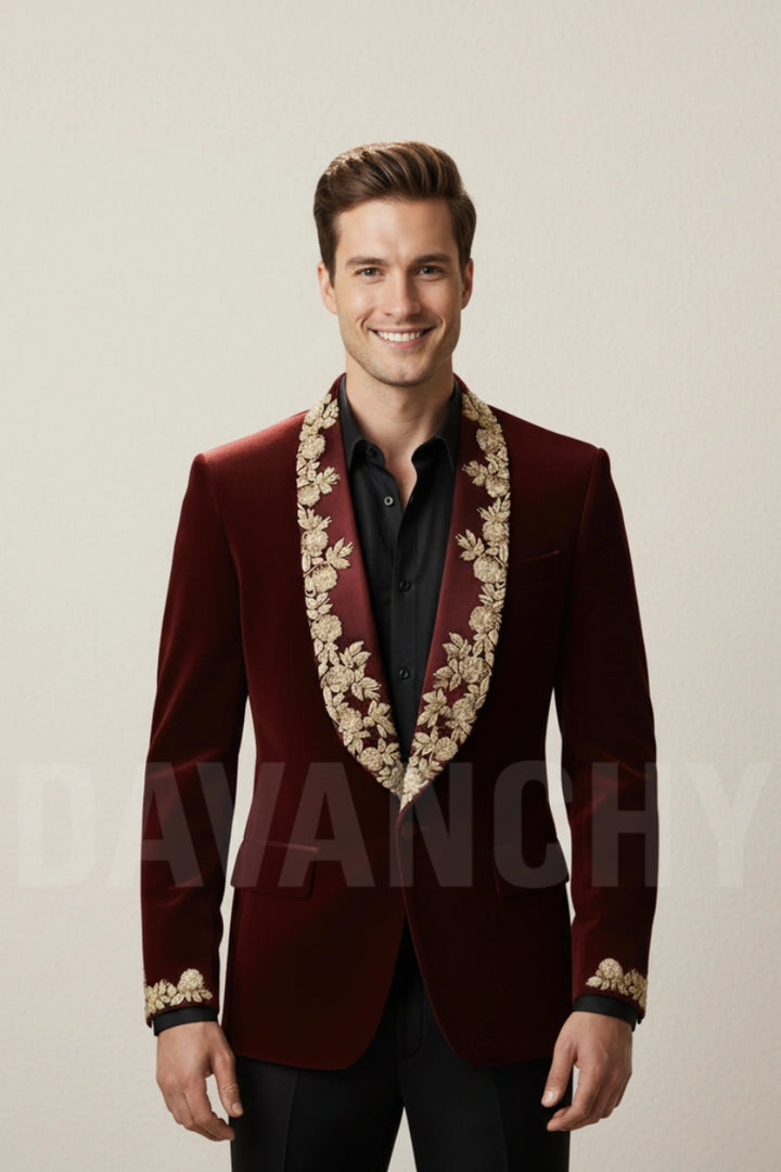 Luxury wine color velvet blazer-Front
