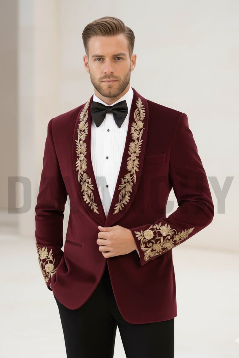 Designer velvet suit for groom wedding wear-Front