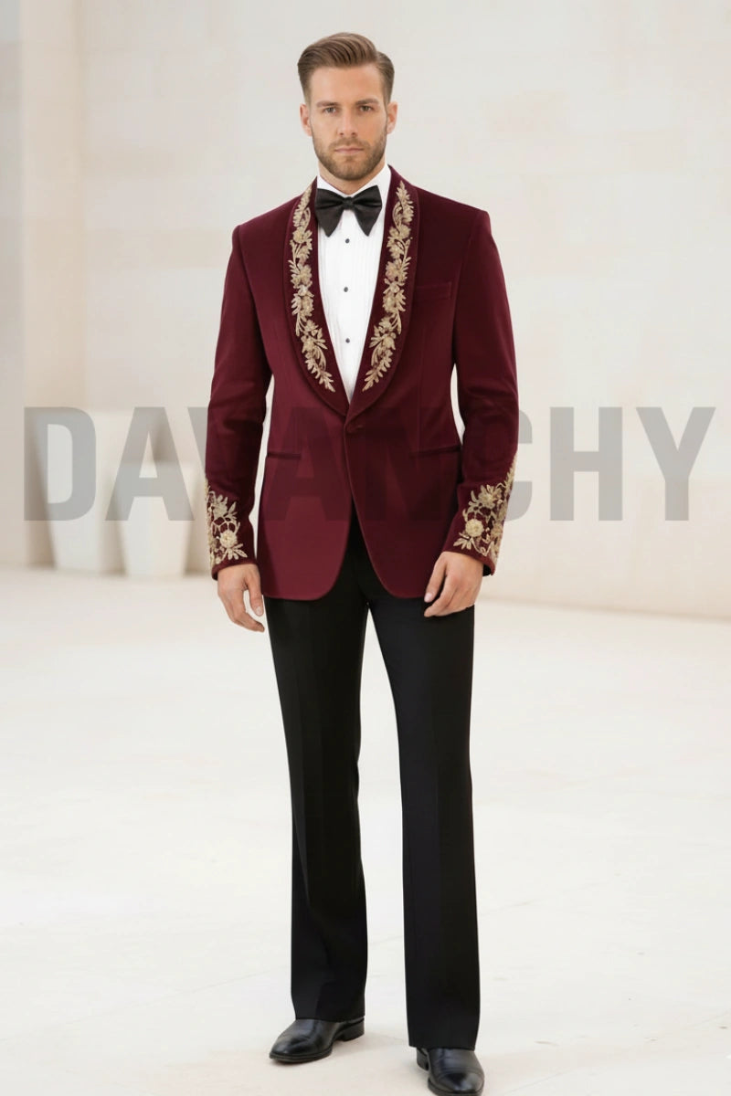 Luxury men wine velvet suit-Front