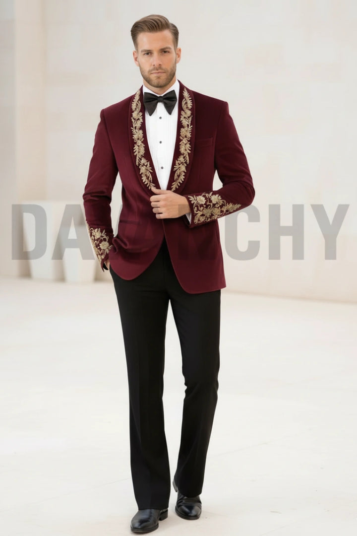 Men wine velvet embroidered two piece suit-Front