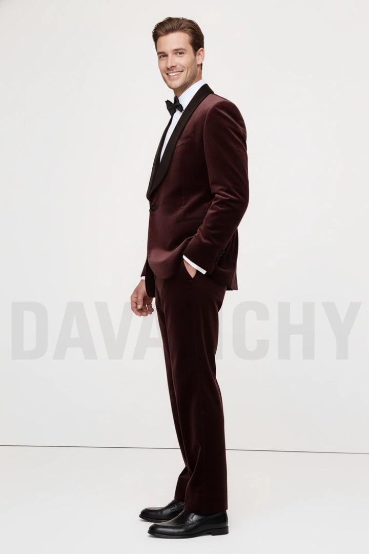 Men’s Wine Velvet Tuxedo Suit-Side