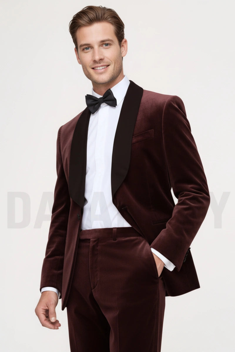 Black Satin Shawl Lapel Design Two Piece Wine Velvet Suit-Front