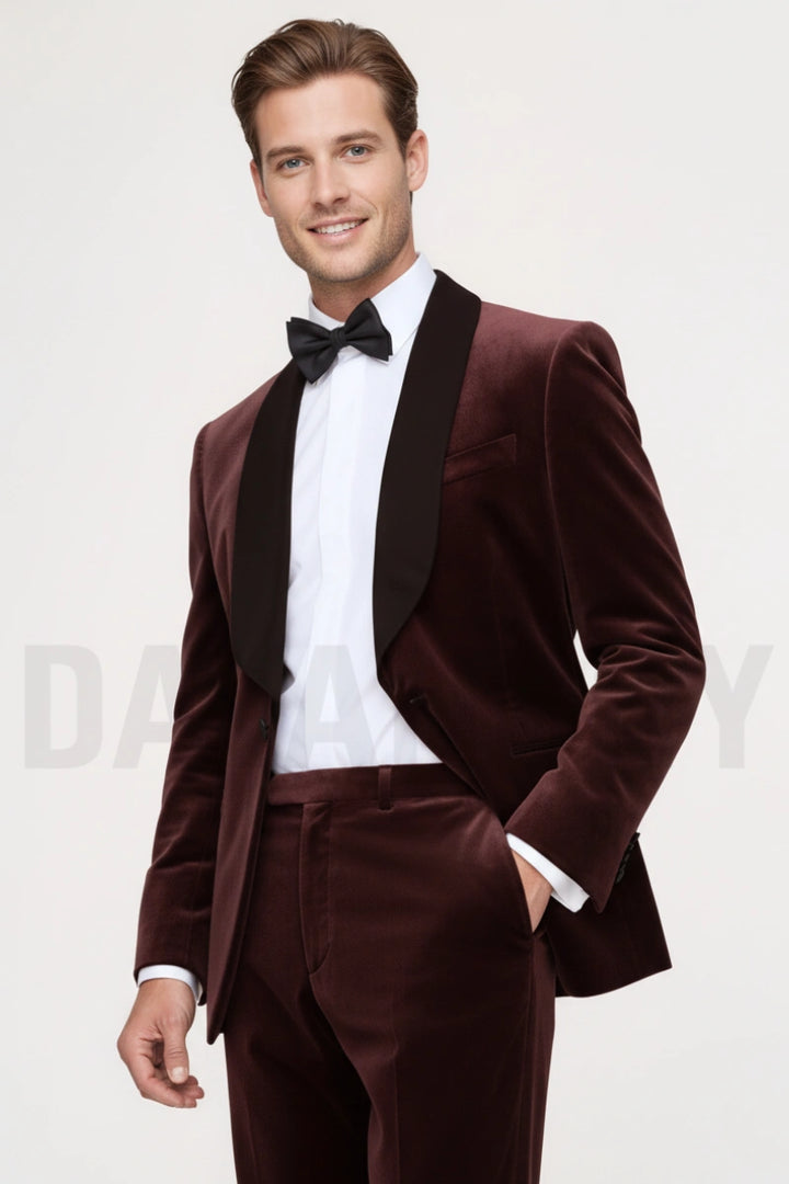 Black Satin Shawl Lapel Design Two Piece Wine Velvet Suit-Front