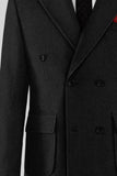 Men Premium Black Tweed Long Coat Double Breasted Vintage Jacket Elegant Coat