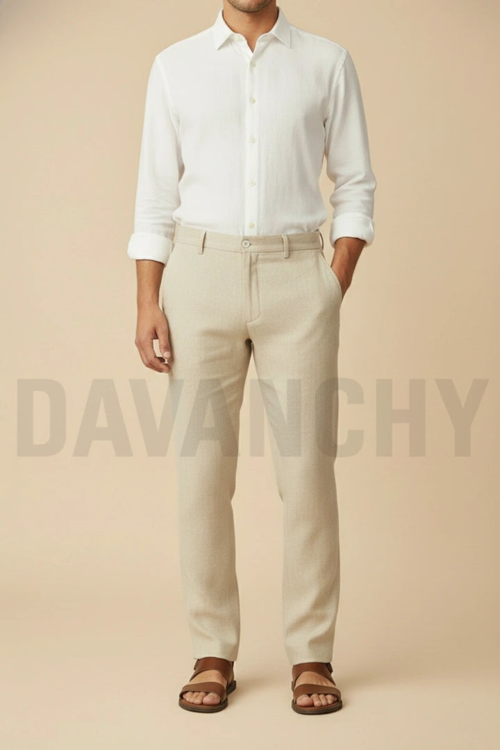 Men casual linen beige pant-Front