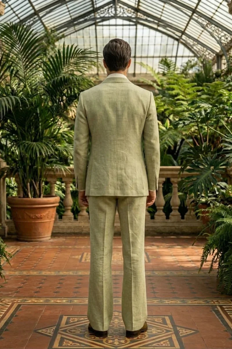 Men's Beige Linen Beach Wedding Wear Outfit for Groom - Back
