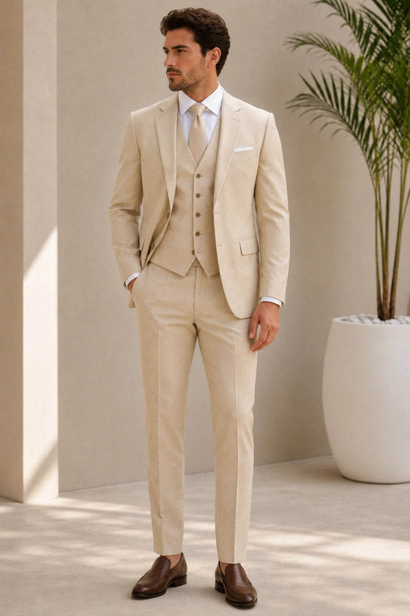 Men beige linen three piece suit-Front