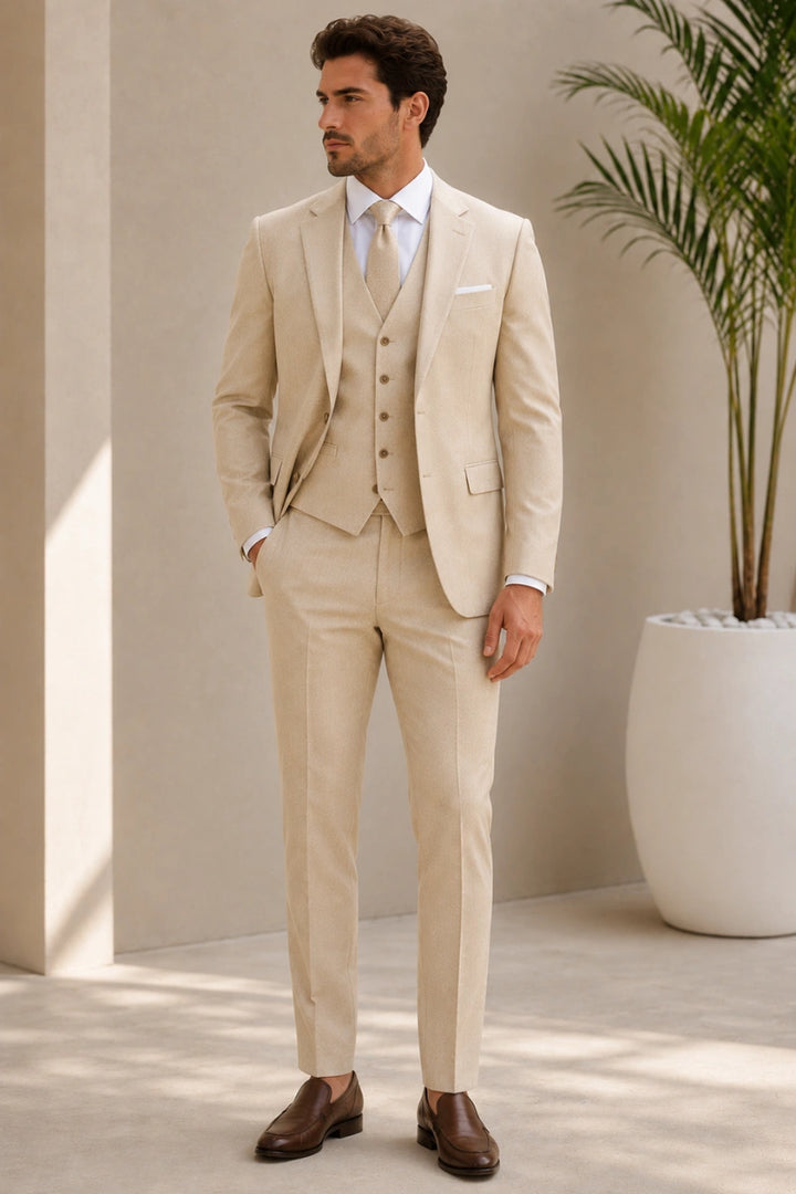 Men beige linen three piece suit-Front