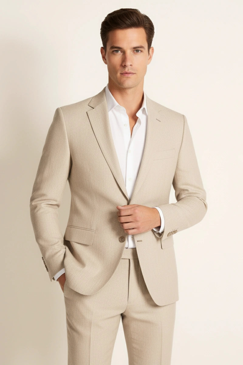 Men Beige Linen Three Piece Suit-Front