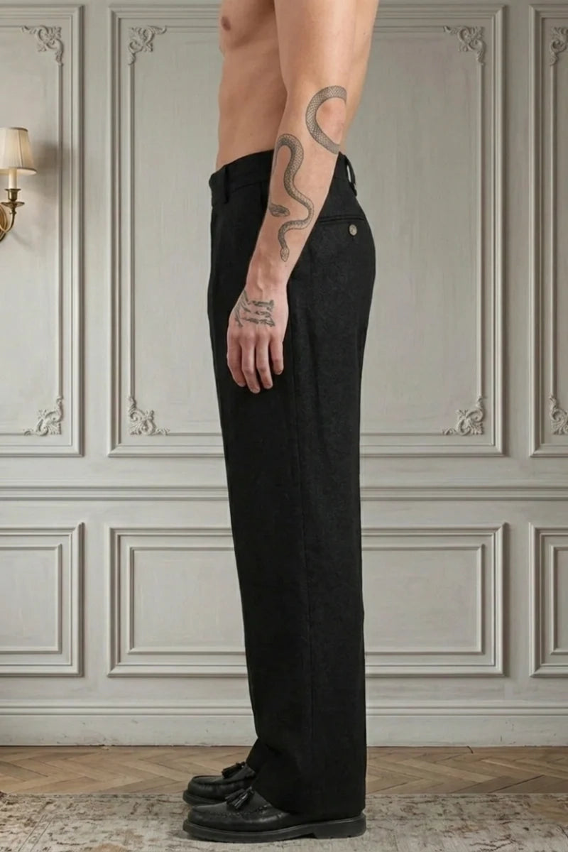 Black Wide Leg Mid Waist Pleated Pant For Men-Side
