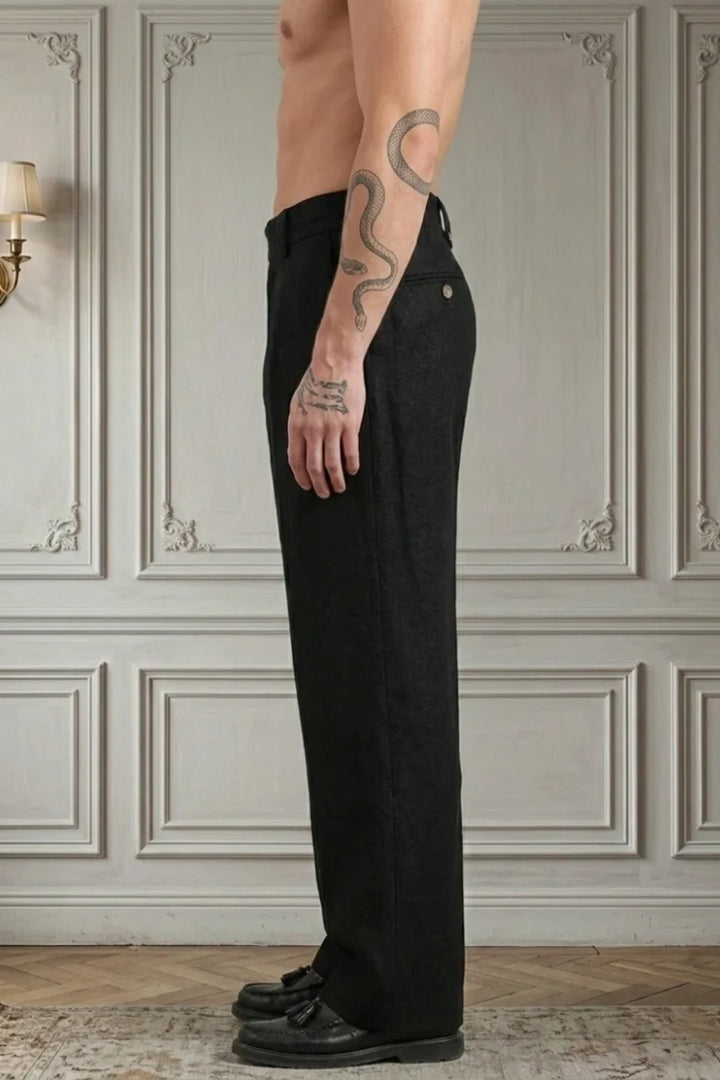 Black Wide Leg Mid Waist Pleated Pant For Men-Side
