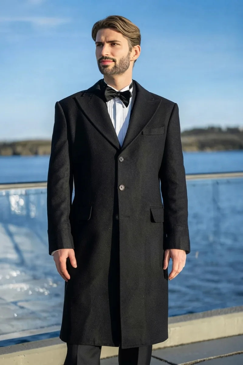 Men Black Tweed Wool Long Overcoat-Front