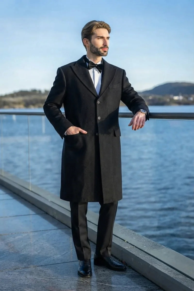 Black Wool Winter Coat for Men-Front