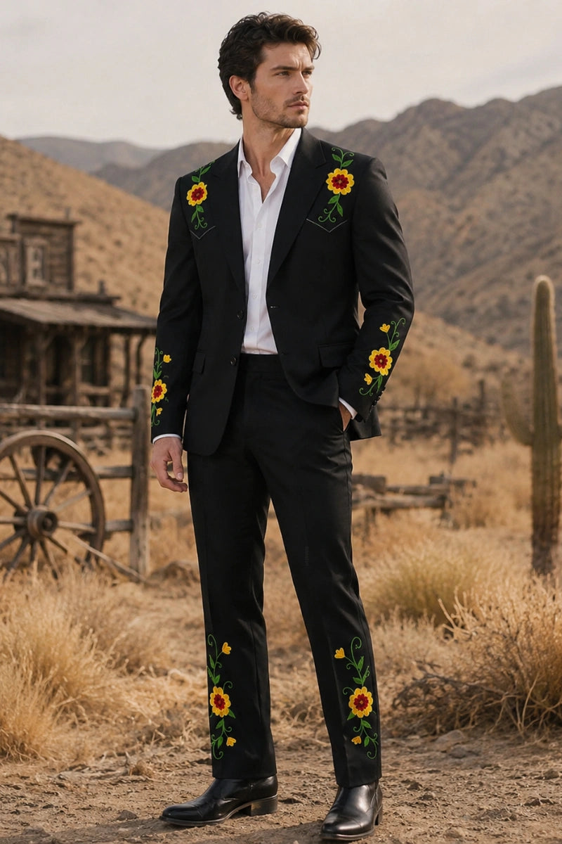 Men Black Country Western Outfit Wedding and Cow Boy Events Wear-Front