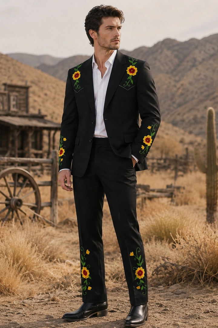 Men Black Country Western Outfit Wedding and Cow Boy Events Wear-Front