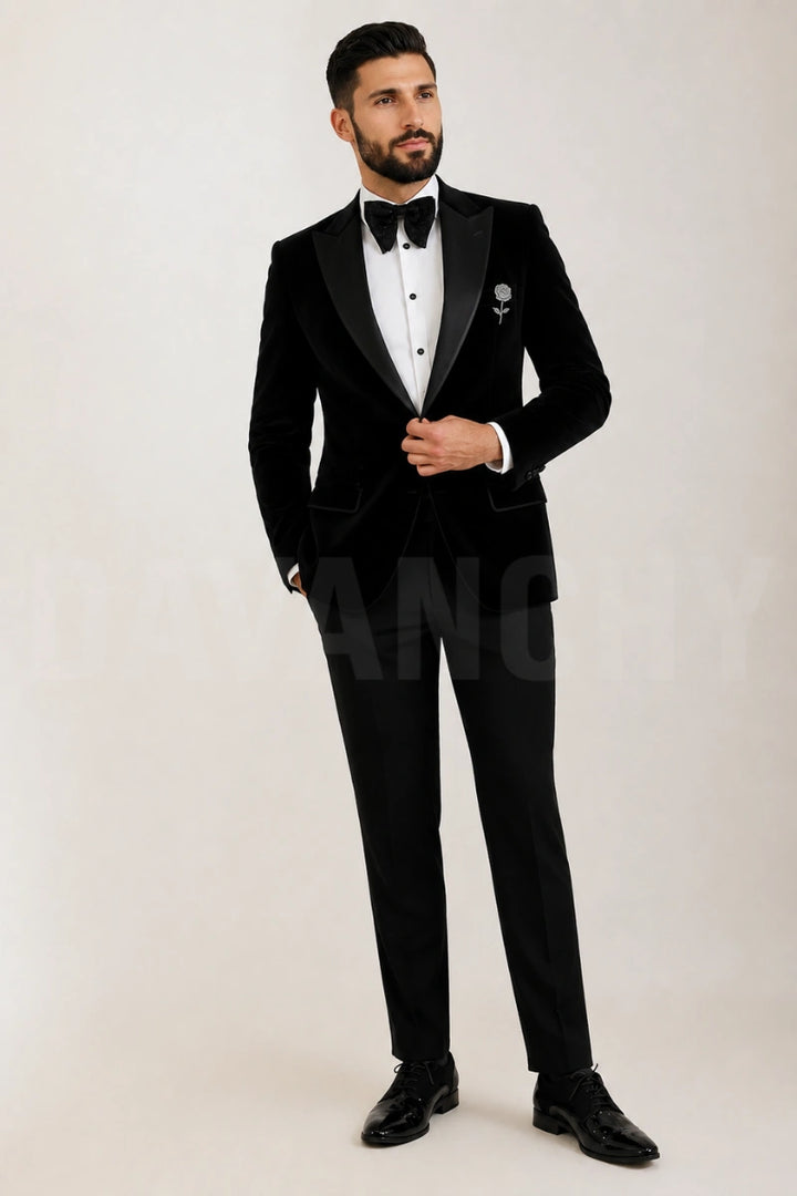 Men Black tuxedo Two Piece Velvet Suit DVY-Front