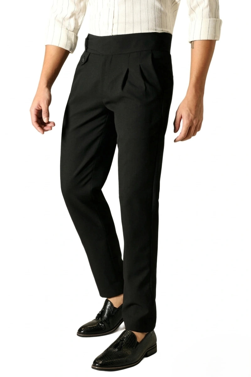Men Black Gurkha Formal Pants with Pleated Design-Side