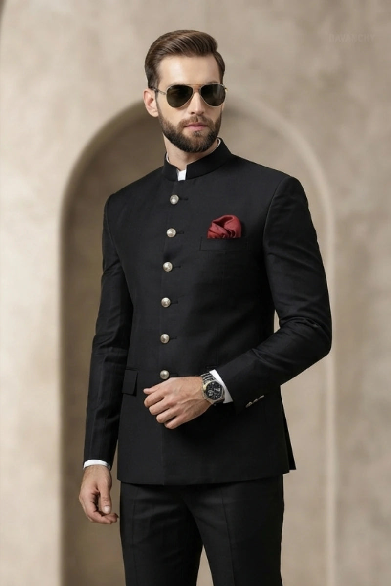 Black tailored Bandhgala formal jacket
