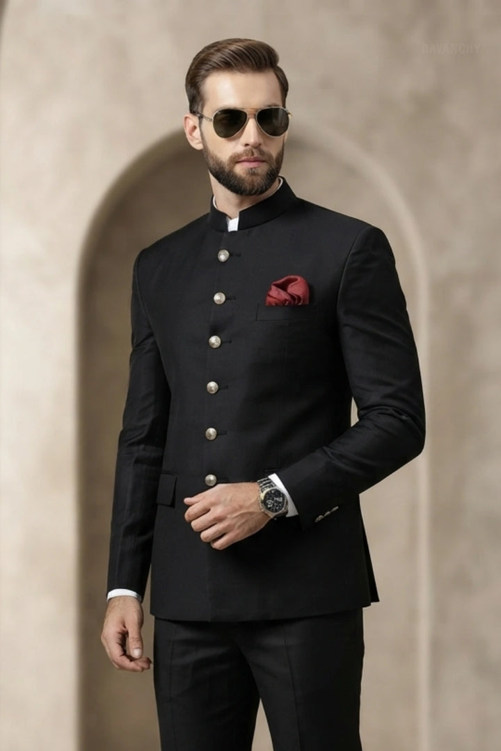 Black tailored Bandhgala formal jacket